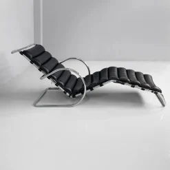 Pamono Italian Modern Black Leather and Steel Chaise Lounge by Mies Van Der Rohe for Knoll, 1970s