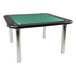 Pamono Italian Modern Game Table in Green Fabric and Black Leather with Chromed Steel Legs, 1970s New