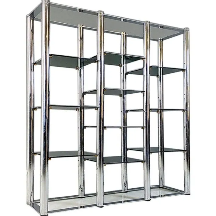 Pamono Italian Modern Self Supporting Bookcase in Chromed Steel and Smoked Glass, 1970s Outlet