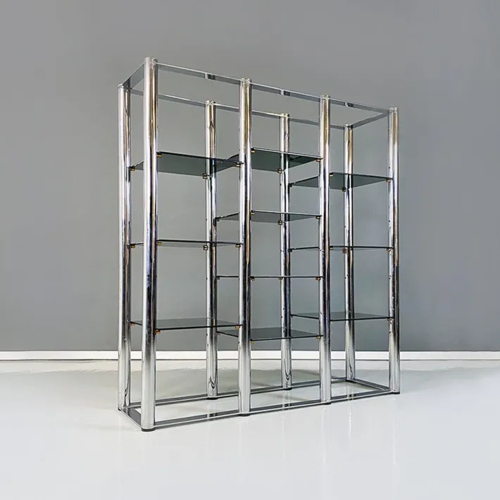 Pamono Italian Modern Self Supporting Bookcase in Chromed Steel and Smoked Glass, 1970s Outlet