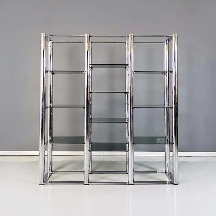 Pamono Italian Modern Self Supporting Bookcase in Chromed Steel and Smoked Glass, 1970s Outlet