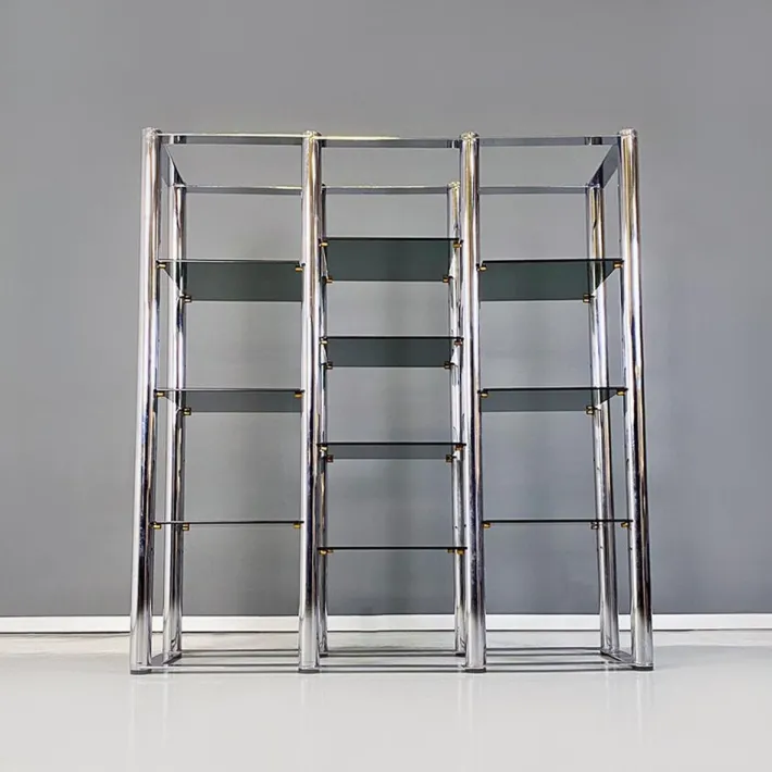 Pamono Italian Modern Self Supporting Bookcase in Chromed Steel and Smoked Glass, 1970s Outlet