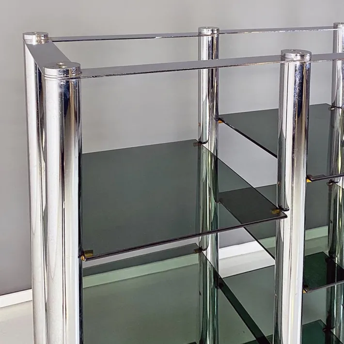 Pamono Italian Modern Self Supporting Bookcase in Chromed Steel and Smoked Glass, 1970s Outlet