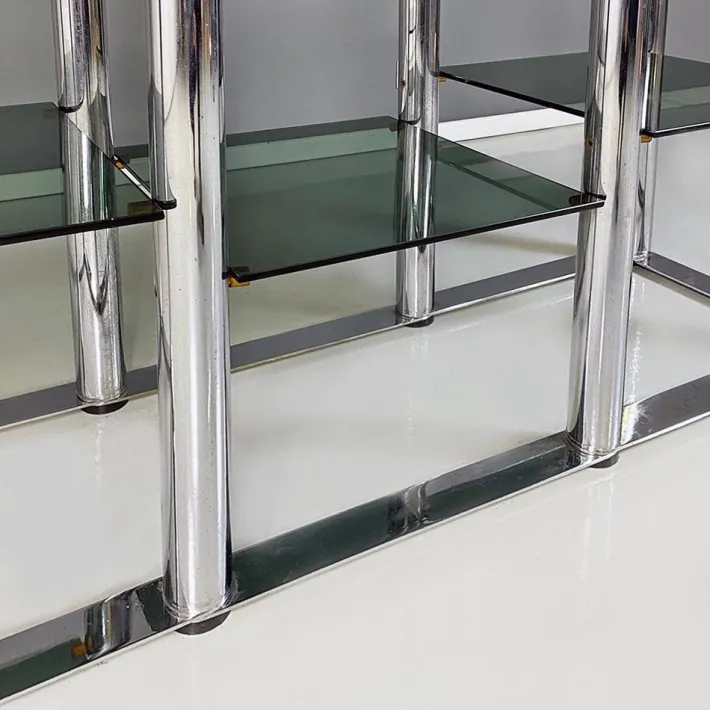 Pamono Italian Modern Self Supporting Bookcase in Chromed Steel and Smoked Glass, 1970s Outlet