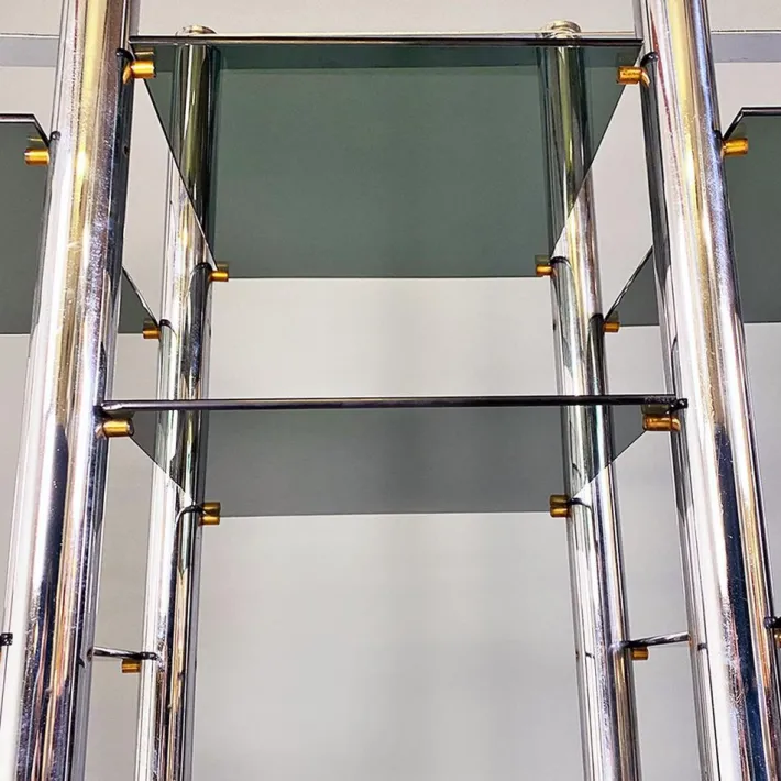 Pamono Italian Modern Self Supporting Bookcase in Chromed Steel and Smoked Glass, 1970s Outlet