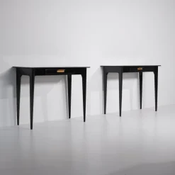 Pamono Italian Nightstands in Black Shellac Lacquer with Brass Pulls, 1950s, Set of 2 Sale