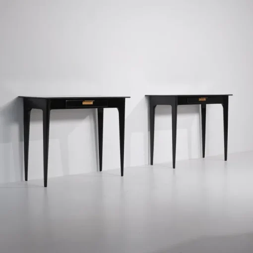 Pamono Italian Nightstands in Black Shellac Lacquer with Brass Pulls, 1950s, Set of 2 Sale
