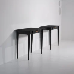 Pamono Italian Nightstands in Black Shellac Lacquer with Brass Pulls, 1950s, Set of 2 Sale