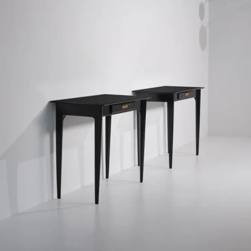 Pamono Italian Nightstands in Black Shellac Lacquer with Brass Pulls, 1950s, Set of 2 Sale