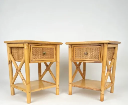 Pamono Italian Rattan Bedside Tables in Bamboo and Wood, 1980s Outlet