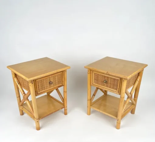 Pamono Italian Rattan Bedside Tables in Bamboo and Wood, 1980s Outlet