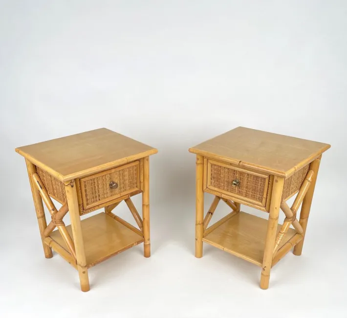 Pamono Italian Rattan Bedside Tables in Bamboo and Wood, 1980s Outlet
