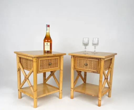 Pamono Italian Rattan Bedside Tables in Bamboo and Wood, 1980s Outlet