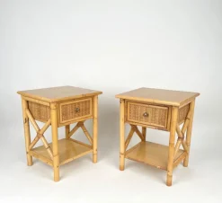 Pamono Italian Rattan Bedside Tables in Bamboo and Wood, 1980s Outlet