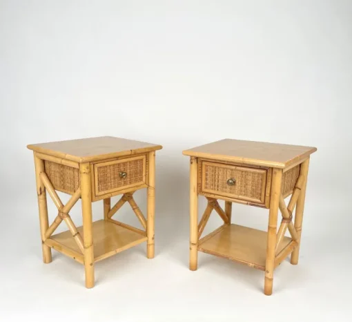 Pamono Italian Rattan Bedside Tables in Bamboo and Wood, 1980s Outlet