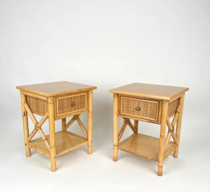 Pamono Italian Rattan Bedside Tables in Bamboo and Wood, 1980s Outlet