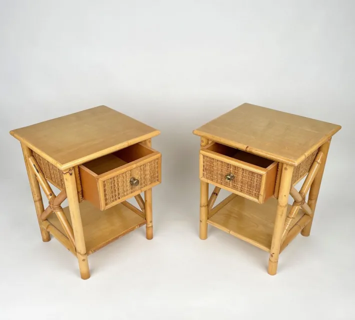Pamono Italian Rattan Bedside Tables in Bamboo and Wood, 1980s Outlet