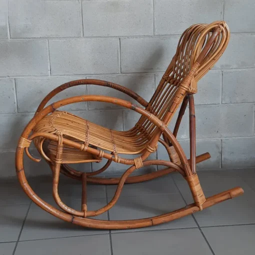 Pamono Italian Rocking Chair in Rattan and Curved Bamboo, 1960s New