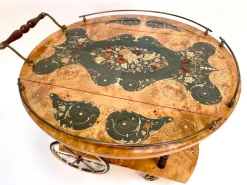 Pamono Italian Sorrento Wood Marquetry Serving Bar Cart with Ornate Brass Details and Foldable Table Top, 1930s Outlet
