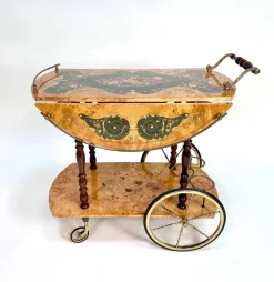 Pamono Italian Sorrento Wood Marquetry Serving Bar Cart with Ornate Brass Details and Foldable Table Top, 1930s Outlet