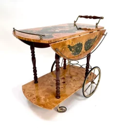 Pamono Italian Sorrento Wood Marquetry Serving Bar Cart with Ornate Brass Details and Foldable Table Top, 1930s Outlet