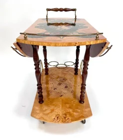Pamono Italian Sorrento Wood Marquetry Serving Bar Cart with Ornate Brass Details and Foldable Table Top, 1930s Outlet