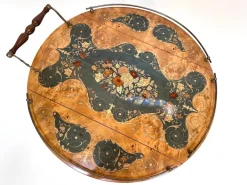 Pamono Italian Sorrento Wood Marquetry Serving Bar Cart with Ornate Brass Details and Foldable Table Top, 1930s Outlet