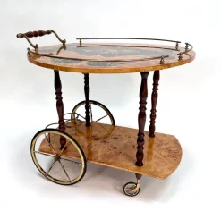 Pamono Italian Sorrento Wood Marquetry Serving Bar Cart with Ornate Brass Details and Foldable Table Top, 1930s Outlet