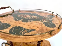 Pamono Italian Sorrento Wood Marquetry Serving Bar Cart with Ornate Brass Details and Foldable Table Top, 1930s Outlet