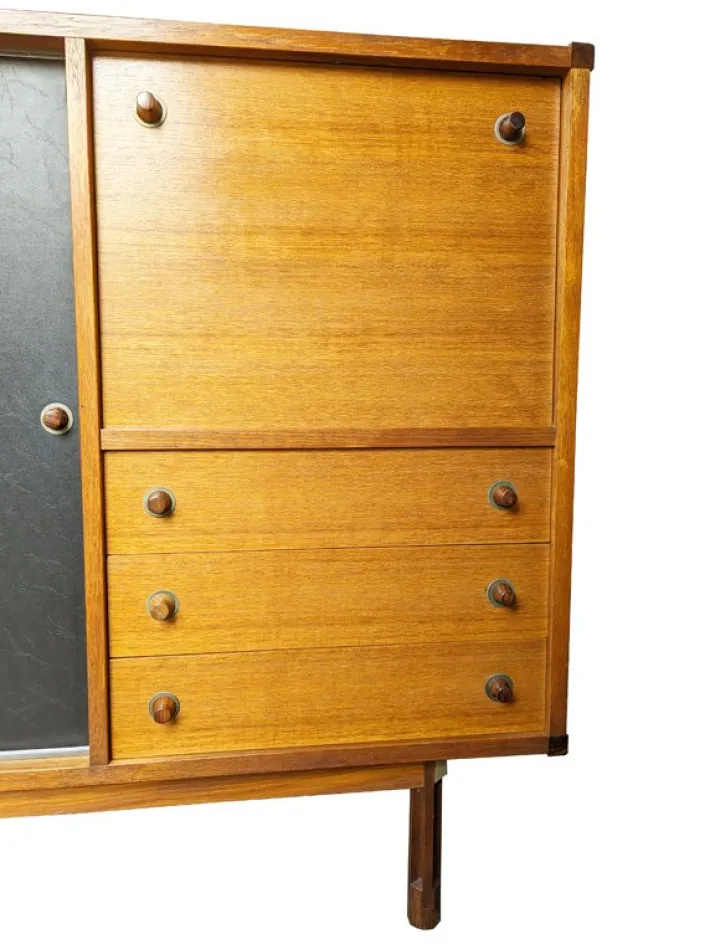 Pamono Italian Teak and Black Skai Sideboard by G. Coslin for 3V Arredamenti, 1960s Hot