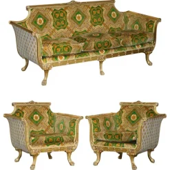 Pamono Italian Versace Silk Velvet Upholstered & Giltwood Sofa and Armchairs, Set of 3 Hot