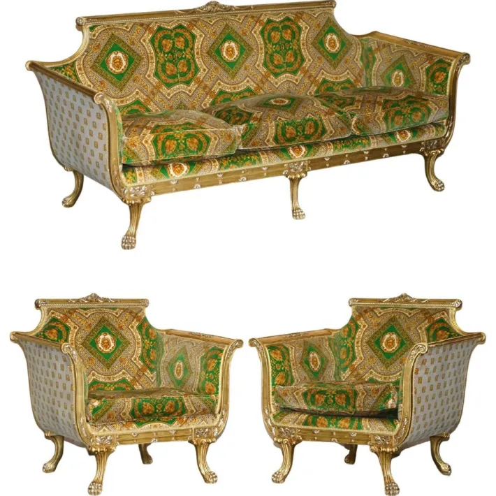 Pamono Italian Versace Silk Velvet Upholstered & Giltwood Sofa and Armchairs, Set of 3 Hot