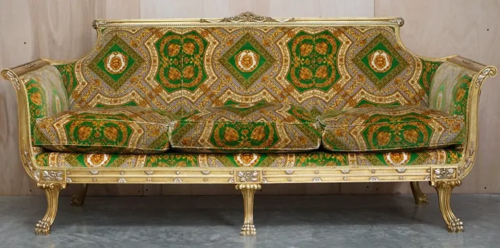 Pamono Italian Versace Silk Velvet Upholstered & Giltwood Sofa and Armchairs, Set of 3 Hot