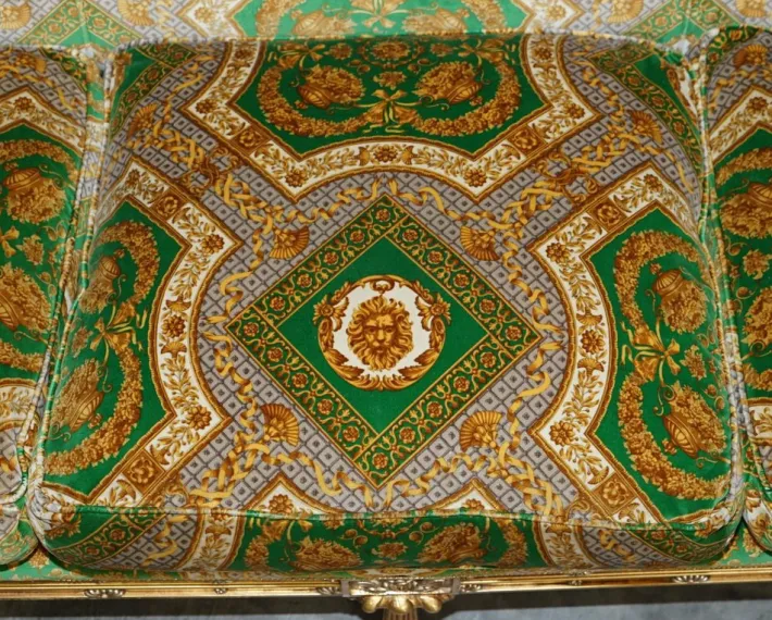 Pamono Italian Versace Silk Velvet Upholstered & Giltwood Sofa and Armchairs, Set of 3 Hot