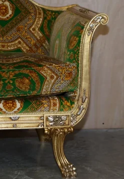 Pamono Italian Versace Silk Velvet Upholstered & Giltwood Sofa and Armchairs, Set of 3 Hot