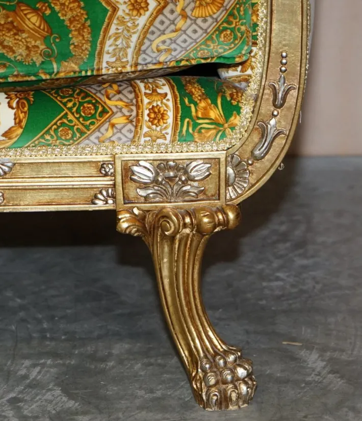 Pamono Italian Versace Silk Velvet Upholstered & Giltwood Sofa and Armchairs, Set of 3 Hot