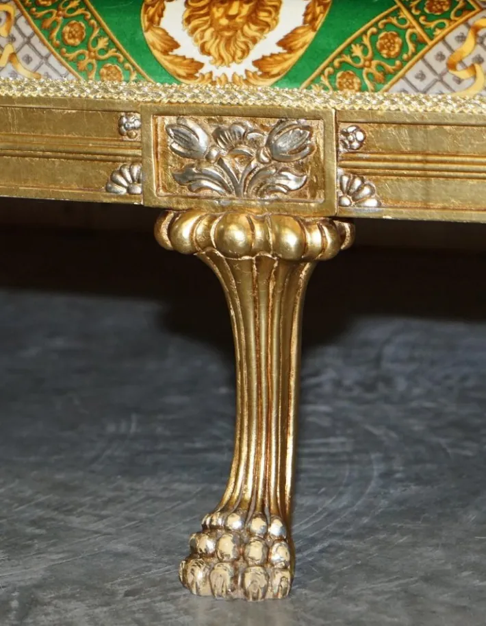 Pamono Italian Versace Silk Velvet Upholstered & Giltwood Sofa and Armchairs, Set of 3 Hot