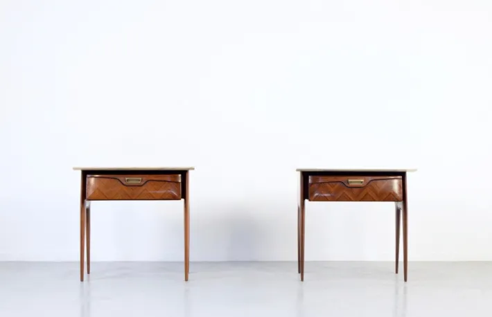Pamono Italian Walnut and Carrara Marble Nightstands, 1960s, Set of 2 New