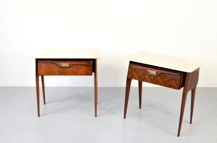 Pamono Italian Walnut and Carrara Marble Nightstands, 1960s, Set of 2 New