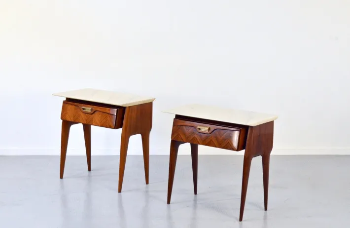Pamono Italian Walnut and Carrara Marble Nightstands, 1960s, Set of 2 New