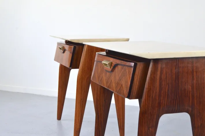 Pamono Italian Walnut and Carrara Marble Nightstands, 1960s, Set of 2 New