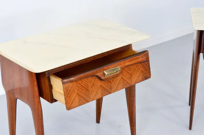 Pamono Italian Walnut and Carrara Marble Nightstands, 1960s, Set of 2 New
