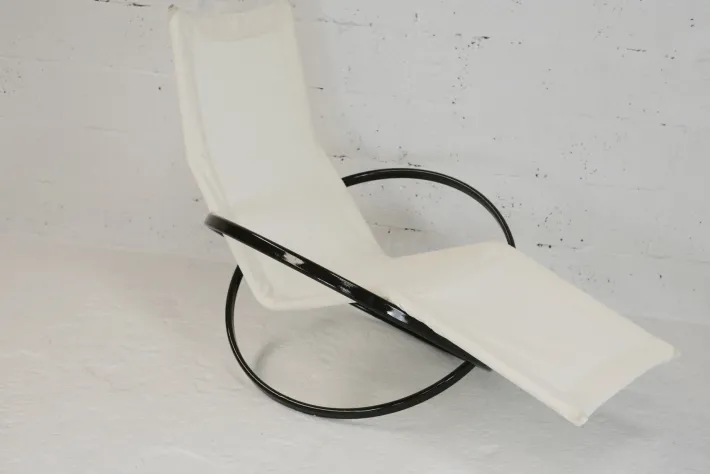 Pamono Jetstar Rocking Chair in Brown Lacquered Steel and Cream Canvas by Roger Lecal, France, 1970s Online
