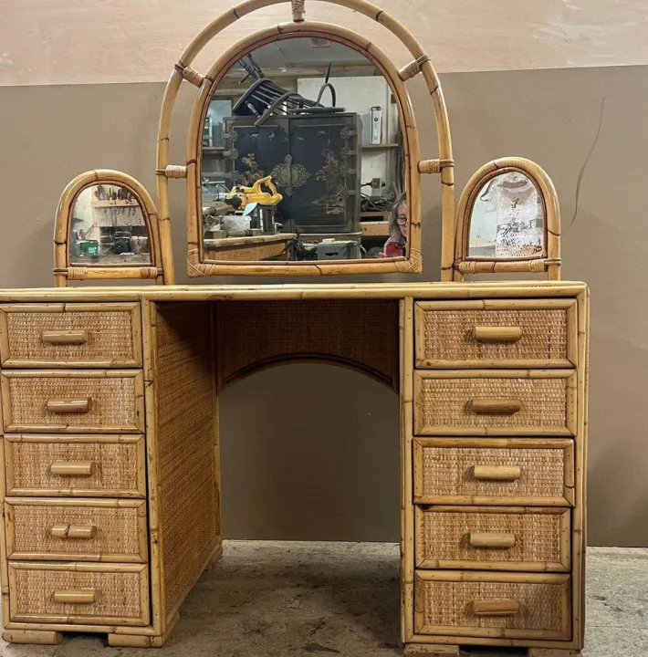 Pamono Knee Hole Cane and Bamboo Dressing Table with Surround Attached Mirrors Sale