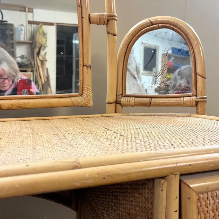 Pamono Knee Hole Cane and Bamboo Dressing Table with Surround Attached Mirrors Sale