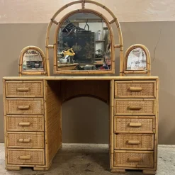 Pamono Knee Hole Cane and Bamboo Dressing Table with Surround Attached Mirrors Sale