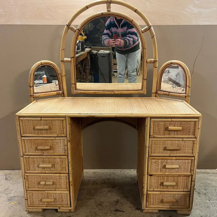 Pamono Knee Hole Cane and Bamboo Dressing Table with Surround Attached Mirrors Sale
