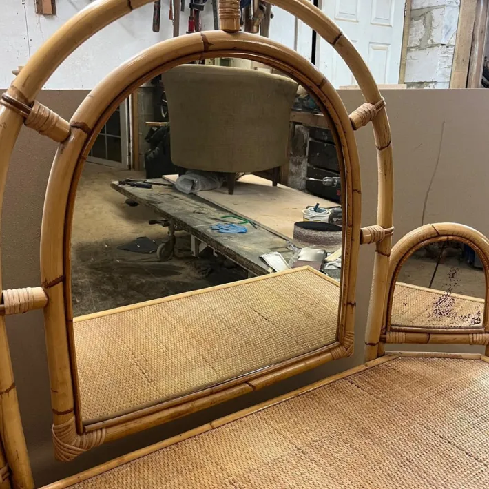 Pamono Knee Hole Cane and Bamboo Dressing Table with Surround Attached Mirrors Sale