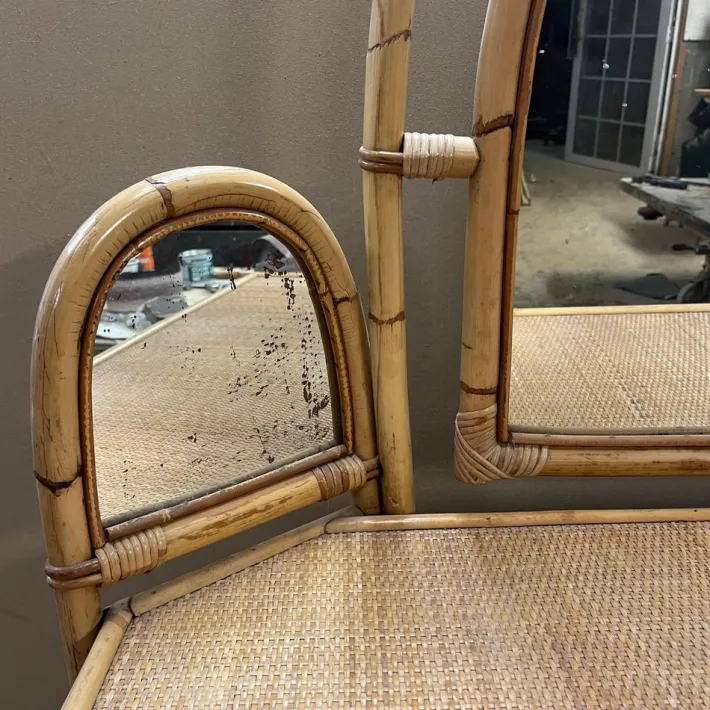 Pamono Knee Hole Cane and Bamboo Dressing Table with Surround Attached Mirrors Sale