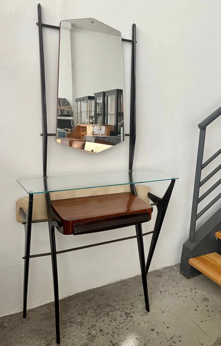 Pamono Lacquered Wood Dressing Table with Glass Top and Mirror, 1950s New